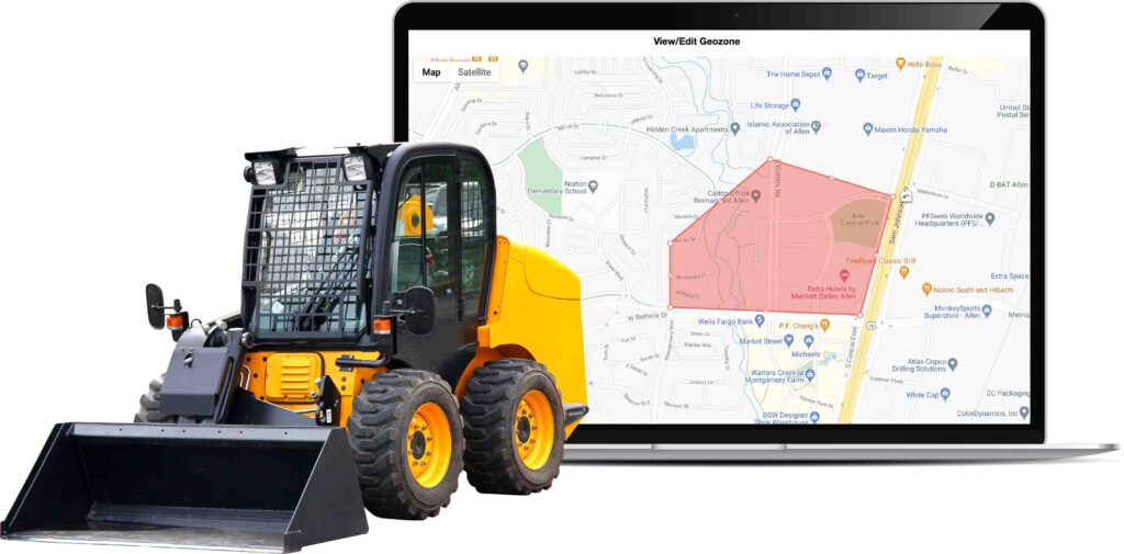 A large item of equipment accompanied by a computer screen showing how the item can be tracked on a map using a geofenced area.