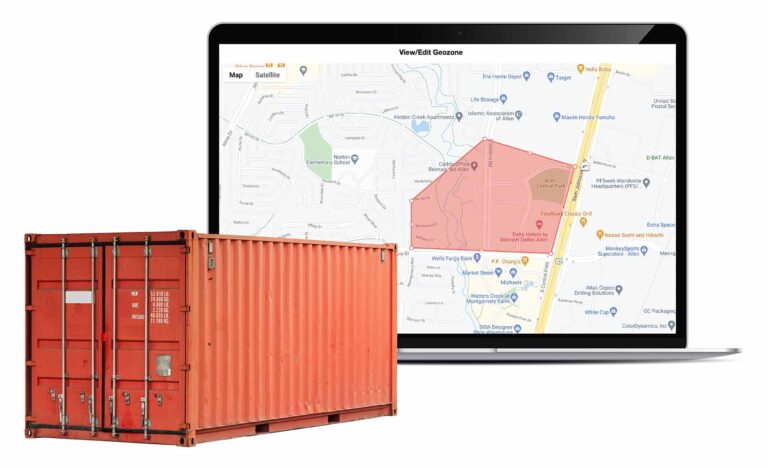Shipping container next to a computer screen to depict that containers can be easily tracked with Gentrifi's tracking solutions.