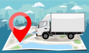 White truck over folded flat map and red pin. Cityscape background.