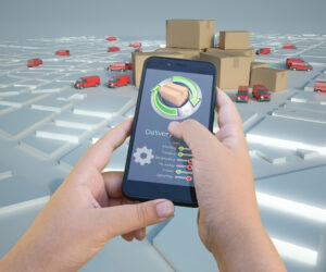 3D rendering of a smartphone app tracking a parcel on a map