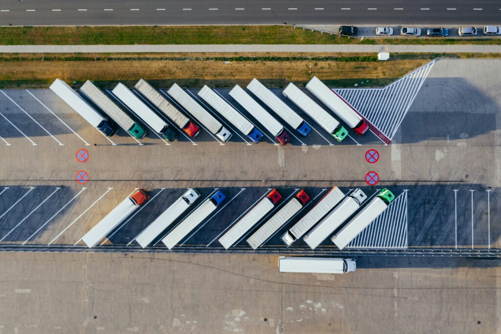 fleet trucks from above in parking lot