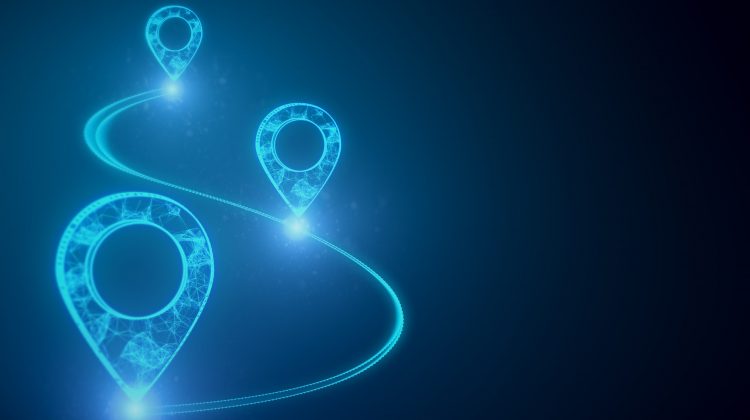 Glowing digital geolocation gps interface. Geolocation and distributed data concept. 3D Rendering